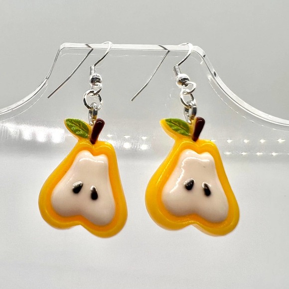 Chunky Pear Slice Fruit Earrings - Yellow and White - Picture 7 of 10